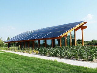 Obraz premium Modern Solar Panel Building Exterior on Sunny Day Eye-Level View in Rural Landscape for Green Energy Concept