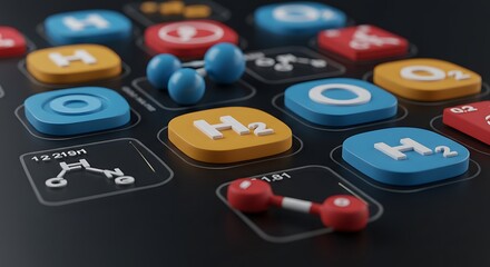3D Render: Hydrogen and Oxygen Molecules on a Digital Interface AI Generated