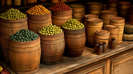 Wooden Barrels of Spices: Aromatic spices fill rustic wooden barrels, creating a visually rich scene of an old-time spice market. The warm, earthy tones evoke a sense of history and tradition.