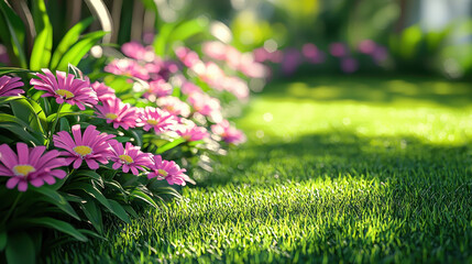 Obraz premium Side angle 4K view captures a dreamy 3D garden background with vibrant pink flowers blooming in a realistic and lush green setting, creating a peaceful oasis.