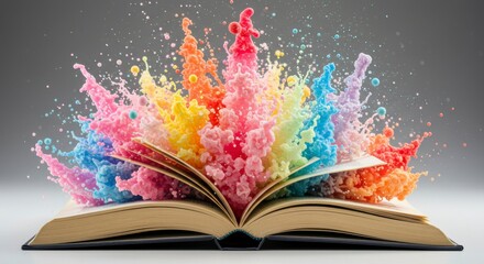 Open book with vibrant colorful splashes