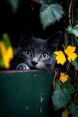 Curious gray cat peeking from behind dark green foliage