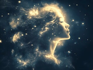woman profile, cosmic dust, dark background, ethereal, mystical portrait
