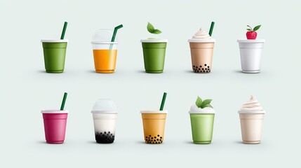 A vibrant display of various bubble tea cups in different flavors and styles including classic green tea fruity mango and creamy milk tea with tapioca pearls