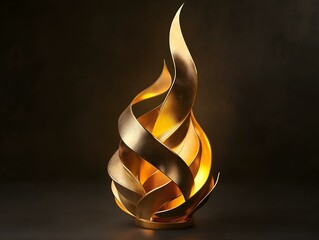 golden flame sculpture, abstract art, metallic texture, warm light, dark background