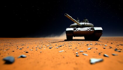 Naklejka premium Tank on desert night, under starry sky