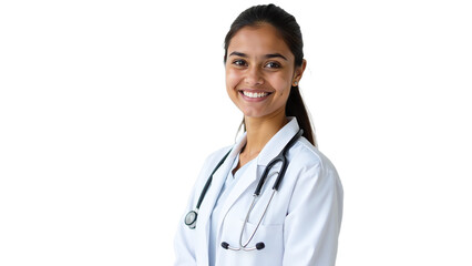 Fototapeta premium Female doctor in profile thinking, Wearing stethoscope and white coat, Studio portrait on white background, Highlighting contemplation and dedication in medical field