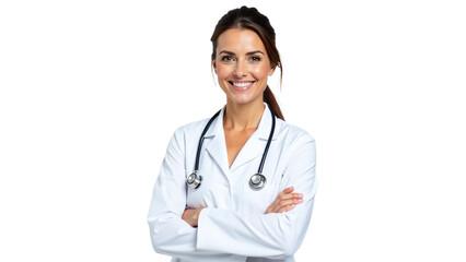 Fototapeta premium Female doctor standing and smiling, Wearing stethoscope and white coat, Studio portrait on white background, Emphasizing approachability and professionalism in healthcare