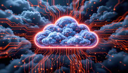 Vibrant cloud surrounded by glowing circuits represents concept of digital connectivity and technology. image evokes sense of innovation and modernity in digital age