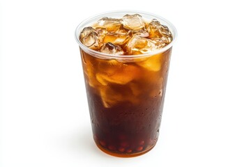 Refreshing iced bubble tea drink in plastic cup studio shot on white background close up beverage photography