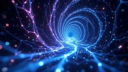 Obraz premium An interstellar tunnel of glowing neural pathways, pulsing with blue and violet light, symbolizing the speed of thought and cosmic consciousness