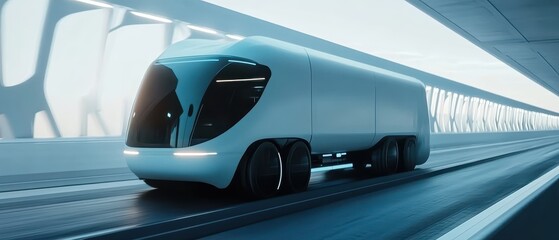 Fototapeta premium Futuristic autonomous truck driving in modern tunnel low angle shot concept of transportation industry and technology innovation