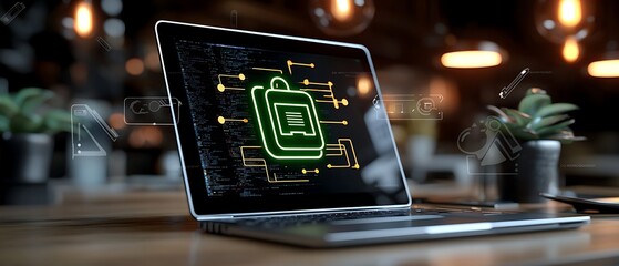 Laptop screen displaying a glowing green bag icon over a circuit board background