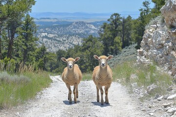 Naklejka premium Two sheep stand on a mountain path, gazing directly at the camera. A scenic backdrop of hills and trees stretches behind them