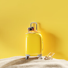 Yellow suitcase with a retro camera and flip-flops on a sandy surface against a vibrant yellow backdrop. 3d rendering