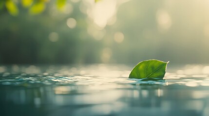 A green leaf is seen floating on water with blue - green ripples, while a blurred natural scenery forms the background. Soft lighting generates a dreamy and peaceful ambiance, making the whole scene b