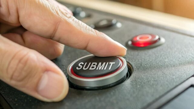 The Moment of Submission: Close-up of a finger poised to press the "submit" button, a pivotal moment in any task, business, or transaction. This evocative image captures anticipation.