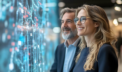 Smiling businesspeople view network data on large digital display