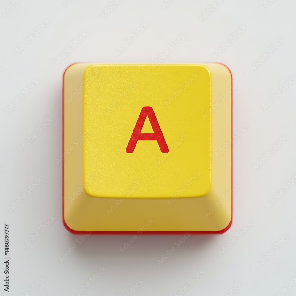 Poster yellow computer keyboard button with letter a in red color