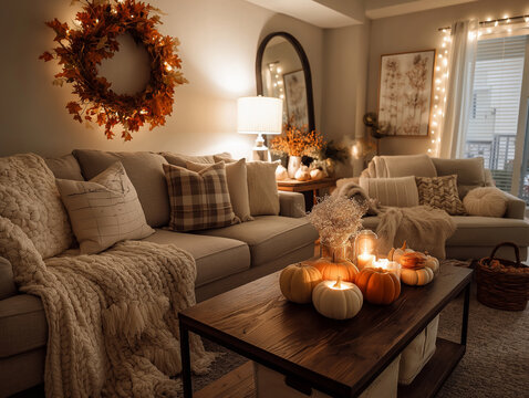 Cozy Autumn Interior Scene: An inviting living room decorated with fall foliage, pumpkins, and warm lighting, exuding a sense of comfort, charm, and autumnal warmth.