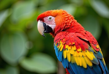 Fototapeta premium Vibrant parrot with colorful feathers perched against a lush background