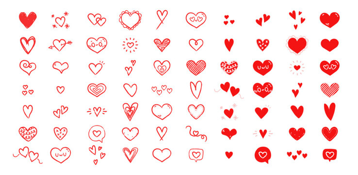 Colecci&oacute;n - Set de ilustraciones decorativas dibujadas a mano de corazones en color rojo. Vector.