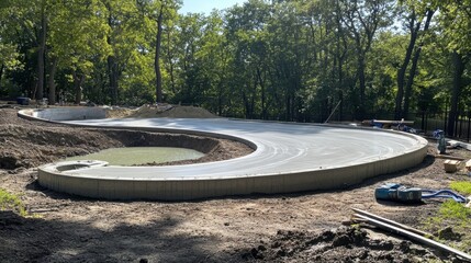 Obraz premium Close-up of concrete slab freshly poured and smoothed with finishing tools nearby