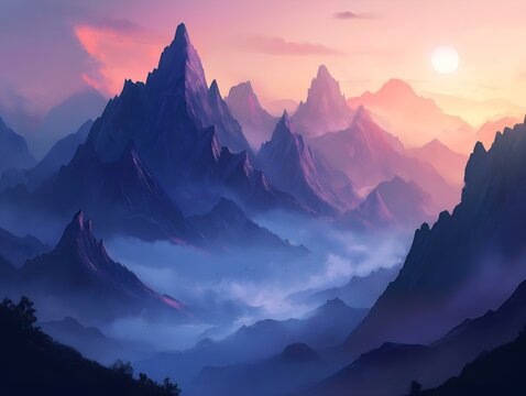 serene mountain range sunrise soft blue and purple hues atmospheric perspective