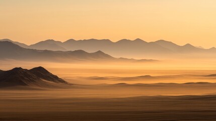 Serene Desert Dawn: Golden Hues and Misty Mountains