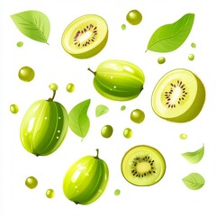 Fresh green kiwi and gooseberry fruits with leaves, scattered on white background