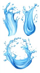 Fresh Water Splashes Isolated on White Background Three Different Poses Blue Liquid Motion Refreshment Hydration Illustration Art