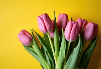 Fototapeta premium Fresh pink tulips arranged beautifully against a vibrant yellow background