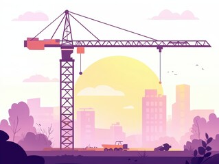 Obraz premium Illustration of construction crane silhouette against sunset backdrop in city skyline with vehicles and trees