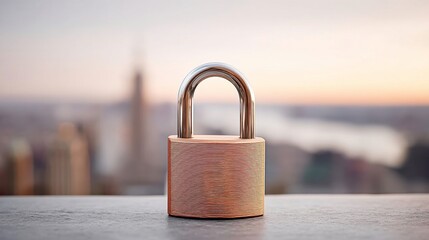 Security Lock, Data Protection, Cyber Security over Cityscape at Sunset