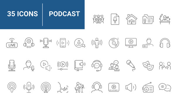 Podcast set of web icons in line style. Podcast radio linear icon collection. Containing microphone, radio, webcast, broadcast, audio, channel, video, headphones, news, and more. Editable stroke