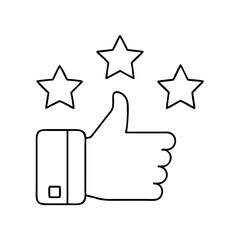 Positive rating icon with thumbs up and stars in thin line style for reviews and feedback