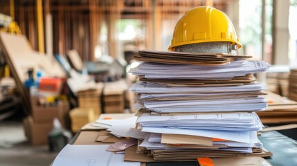 Organized pile of construction permits, approval documents, and building plans on a desktop