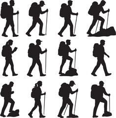 Silhouettes of Hikers with Backpacks and Trekking Poles