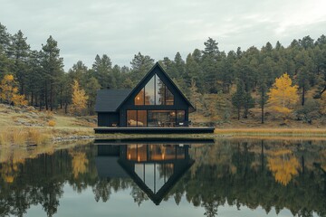 Obraz premium Modern lake house with large windows reflecting in water