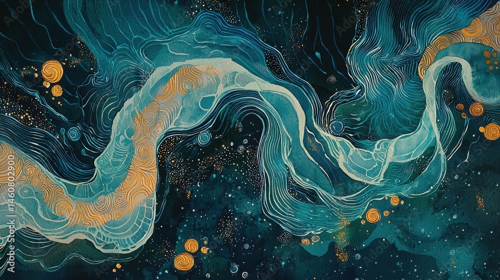 Wall mural abstract flowing river with swirling patterns and cosmic elements