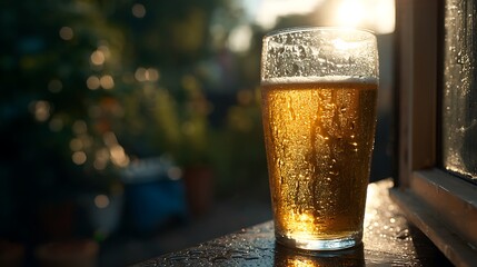 Icy cold beer glows in the late afternoon sunlight