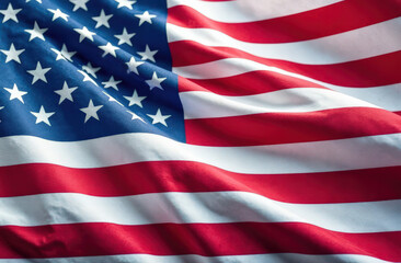Close-up of waving american flag with stars and stripes on bright day