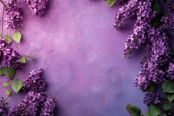 Flat lay of blooming lilac flowers on soft purple background