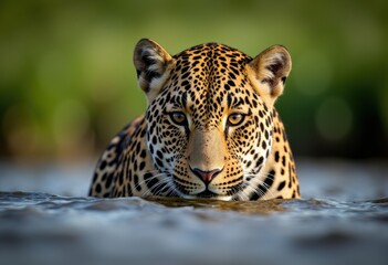 Obraz premium Close-up of a leopard emerging from the water, showcasing its striking features