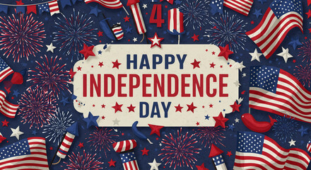 Obraz premium Happy Independence Day Celebration with American Flags and Fireworks Background