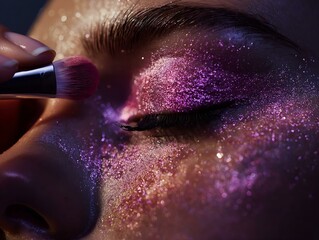 close up of a woman applying shimmery eyeshadow with a brush detailed makeup application