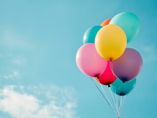 bunch of colorful balloons against a clear blue sky, vibrant colors, happy, joyful, celebratory
