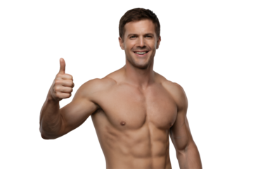 Shirtless muscular man showing thumb up against black background, concept for fitness, bodybuilding, health, and wellness