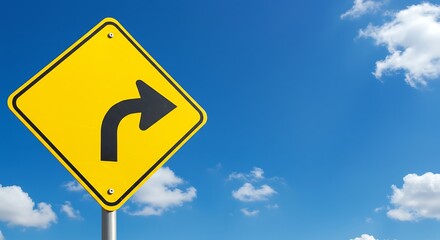 Curve Ahead Bright Sky Sunny Day Sharp Turn Yellow Sign Blue Sky Right Turn Ahead New Direction The Bend Clear Skies Ahead Turning Point Path Ahead A New Way AI Generated