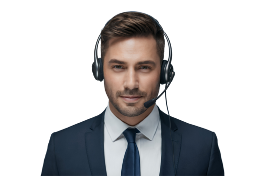 Portrait of a businessman wearing headset against transparent background, concept customer support, call center service, communication, telemarketing, helpdesk
